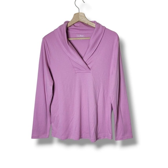 L.L. Bean Shawl Collar Cotton Top LP Petite | Rose Shadow Long Sleeve NWT - Picture 1 of 8